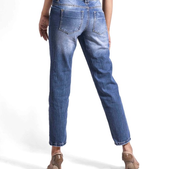 OLGYN Boyfriend Medium Blue Denim Pant Skinny Fit - Picture 2 of 5